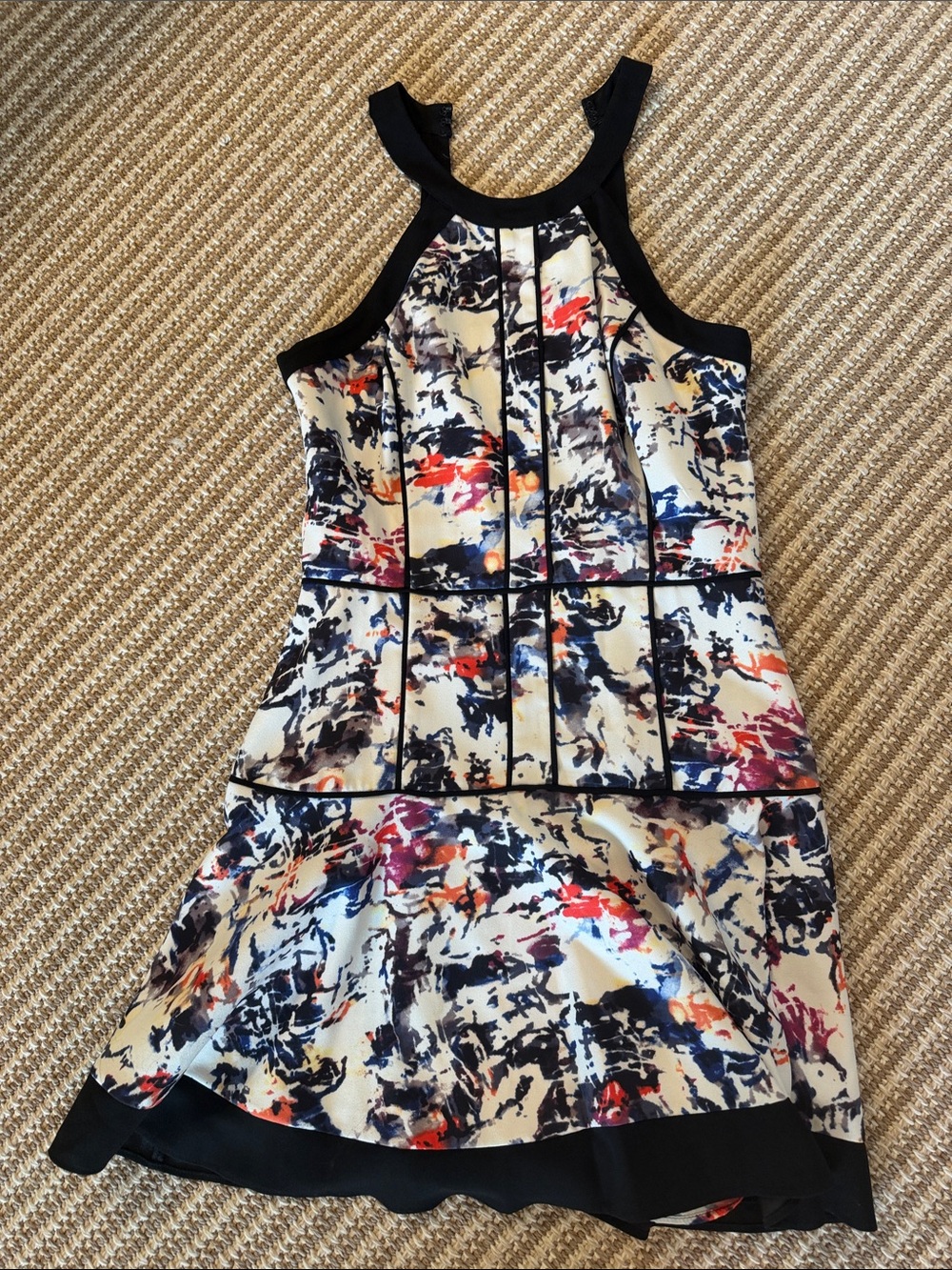 Parker White Abstract Print Halter Dress with Black Trim